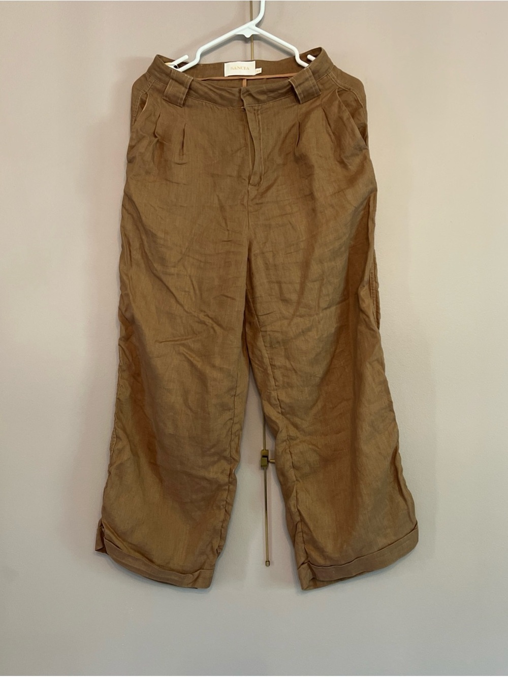 Sancia Wide Leg Cuffed High Waist Pants Women’s XS Brown European Flax Bohemian